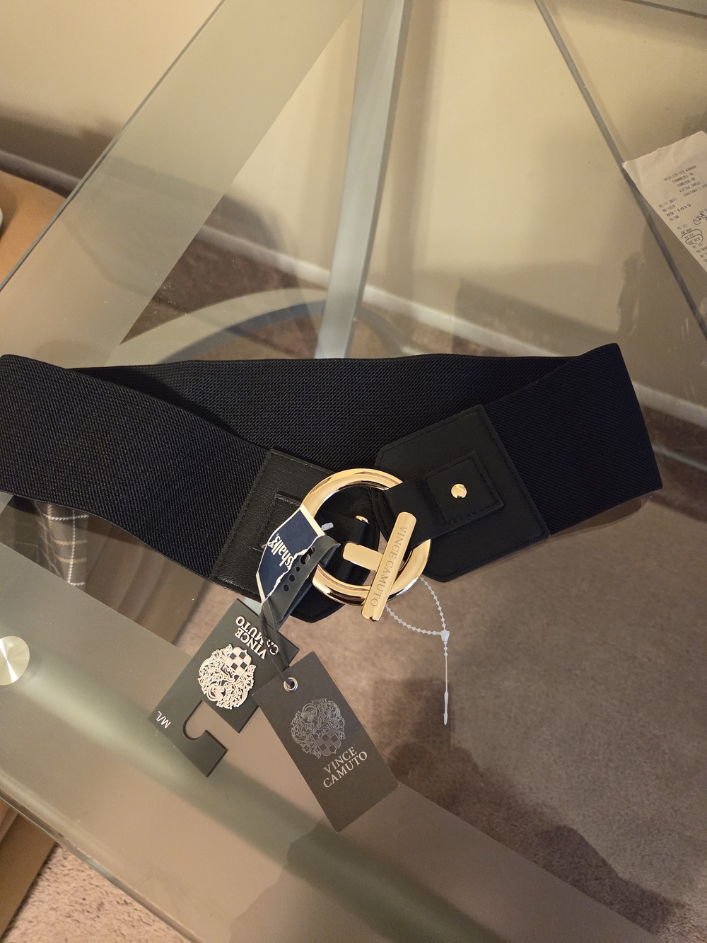 Vince Camuto Black Elastic Belt with Gold Double Ring Buckle M/L NWT
